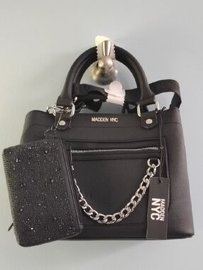 NWT Steve Madden Black Pebbled Satchel with Chain Accent And Sparkly Pouch
